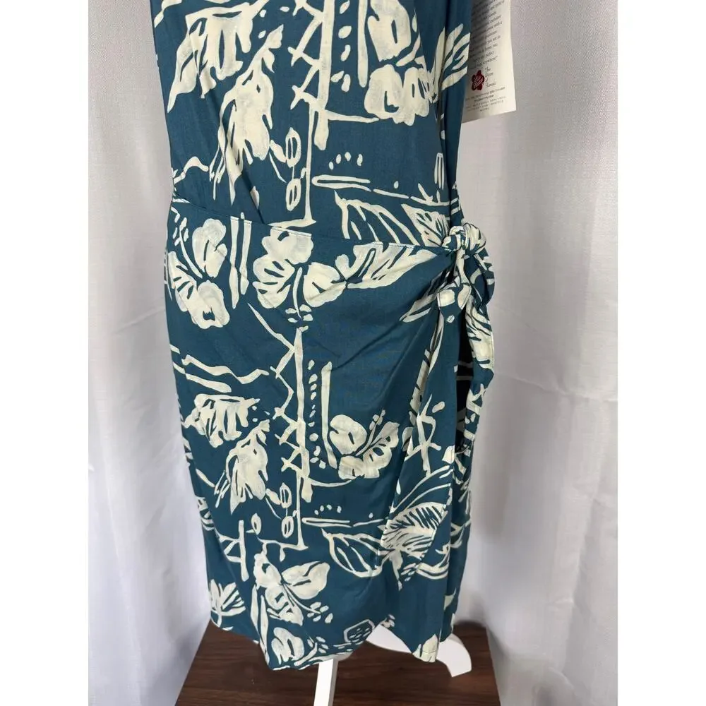 Hawaiian Wrap Dress Teal White Floral Tropical Rayon Medium - Picture 4 of 8